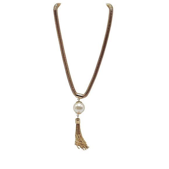 Gold Tone Snake Chain Necklace With Faux Pearl & Tassel Pendant Adjustable - Picture 1 of 6